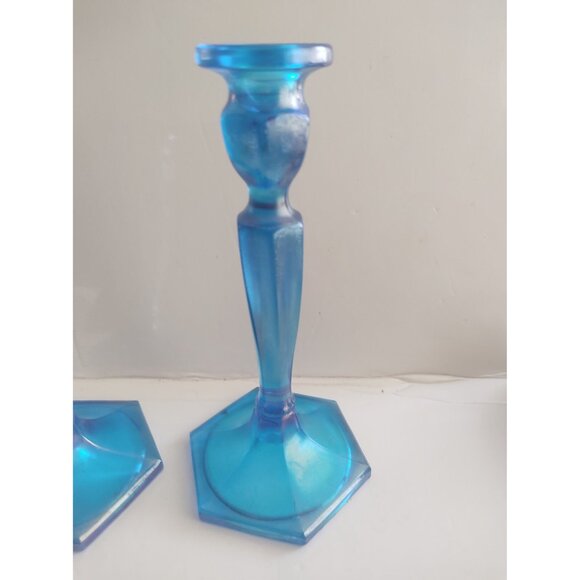Vintage Fenton Celeste Blue Stretch Glass Candle holders(2) Model 449 - Picture 2 of 14